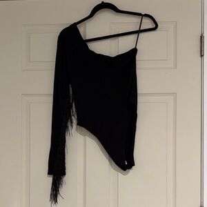 Black One-Shoulder Fringe Bodysuit